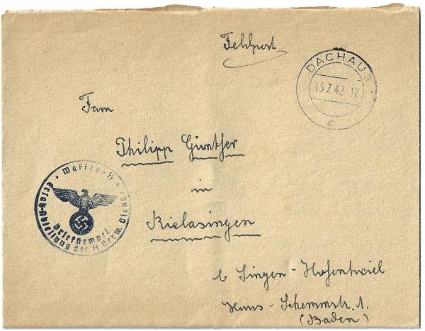 Brief Deutsches Reich 1942 Dachau Mit Stempel Der Waffen Ss Der Text Bezeugt Wie Die Adresse Den Einsatz Im Dortigen Dienst Decotoys